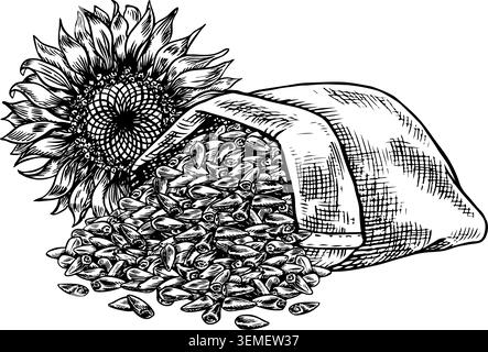 Sonnenblumenblume und Sonnenblumenkerne in einem Sackleinen-Beutel. Handgezeichnete Schwarz-weiß-Vektorillustration. Element des Etiketts und Verpackungsdesigns Stock Vektor