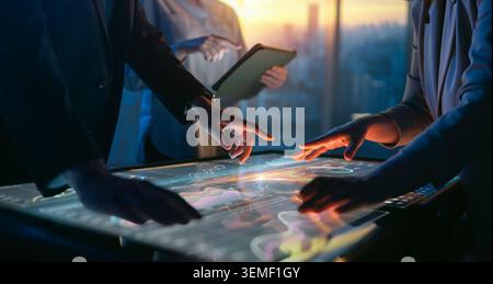 Dynamische Geschäftsleute arbeiten in einem High-Tech-Arbeitsbereich zusammen und nutzen interaktive Daten auf einem futuristischen Touchscreen-Tisch. Die lebendige Grabung Stockfoto