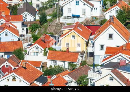 Häuser mit roten Dächern und weißen Wänden füllen ein Wohngebiet eines Küstendorfes an der Westküste Schwedens. Die Sonne scheint auf diesen lebhaften Nei Stockfoto