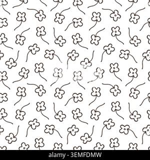 Blumen-Doodle-Muster mit einfachen handgezeichneten Blumen-Ikonen. Nahtloser abstrakter Hintergrund für Kinder im Textildesign. Niedliches schwarzes und weißes Blumenschmuck für Tapeten oder Geschenkpapier. Stock Vektor
