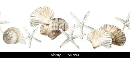 Handgezeichneter nahtloser Muschelrand in Aquarellfarben. Muster für Stoff- und Geschenkpapier-Design. Stockfoto