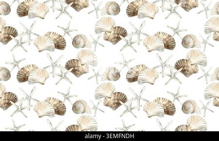 Handgezeichnetes nahtloses Muschelmuster in Aquarellen. Schablone für Stoff- und Geschenkpapier. Stockfoto