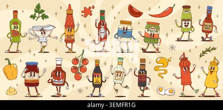 Groovige Soßenfiguren, lustige Cartoon-Flaschen und Pakete Vektorfiguren von Lebensmittelzusatzstoffen. Retro y2k Ketchup, Senf und Mayonnaise Gläser, groovige heiße Chili, bbq, Soja- und Wasabi-Soße Flaschen Stock Vektor
