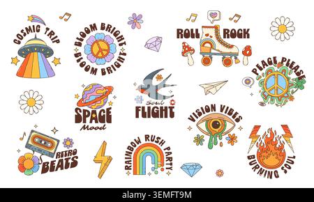 Hippie Y2K groovige Aufkleber mit Hippie-Regenbogen- und Friedenssymbolen, Vektorsymbolen. Retro Vintage Groovige Aufkleber mit Space UFO und psychedelischen Pilzen, Musikkassette, Gänseblümchenblume und Rollklingen Stock Vektor