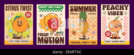 Y2K groovige Fruchtfiguren auf Hippie-Plakaten im Comic Retro Vektor Design. Y2K Poster mit grooviger Ananas in Sonnenbrille, funky Pfirsich und coolem Orange mit fröhlichem Gesicht und Apfel in guter Stimmung Stock Vektor