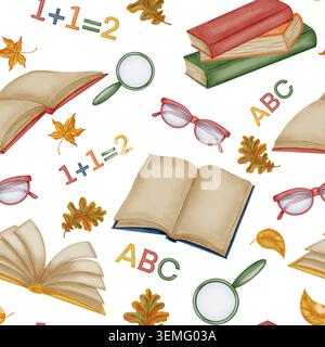 Nahtloses Aquarellmuster mit offenen Büchern, Gläsern, Lupen, Herbstblättern, Buchstaben und Zahlen. Schreibwaren. Traditionelles Symbol des fi Stockfoto