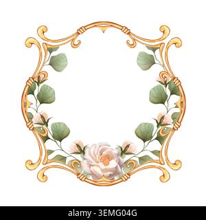 Niedlicher handgezeichneter Rahmen aus Vintage-Gold mit botanischer Illustration der Rosen Stockfoto