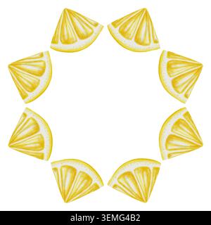 Aquarellrunder Rahmen aus frischen gelben Zitronenscheiben. Hand gezeichnete Zitrusfrucht Kreisrand isoliert auf weißem Hintergrund. Helles Sommerdesign für Kitc Stockfoto