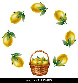 Aquarellkranz aus Zitronenzweigen und ein Korbkorb mit Zitronen. Handgezeichnete Zitrusfrüchte isoliert auf weißem Hintergrund für mediterrane Art d Stockfoto
