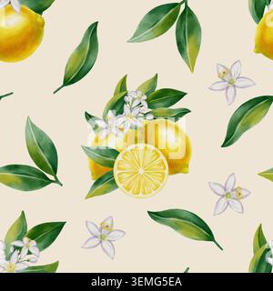Nahtloses Aquarellmuster mit Zitronenscheiben, ganzen Früchten und Blumen. Handgezeichnete botanische Illustration für Stoff, Textilien, Tapeten und mich Stockfoto