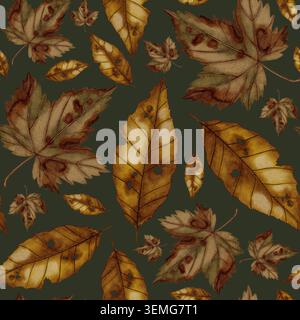 Handgemaltes, nahtloses Muster in Aquarellen mit Herbstblättern. Herbstmuster. Stillleben im Herbst. Kinderillustration. Geeignet für Bücher, Verpackungen, Stockfoto