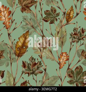 Handgemaltes, nahtloses Muster in Aquarellen mit Herbstblättern. Herbstmuster. Stillleben im Herbst. Kinderillustration. Geeignet für Bücher, Verpackungen, Stockfoto