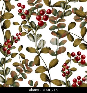 Ein elegantes, nahtloses Aquarellmuster mit Zweigen und roten Beeren. Herbstmuster. Stillleben im Herbst. Kinderillustration. Geeignet für Bücher, Stockfoto