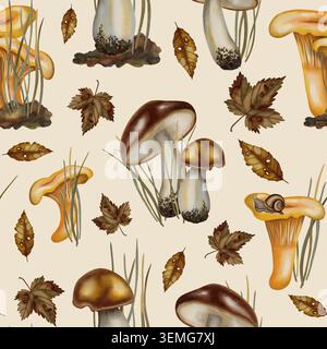 Handgemaltes nahtloses Aquarellmuster mit Pfifferlingen, Boleten, Herbstblättern und Schnecken. Kinderillustration. Geeignet für Bücher, Stockfoto
