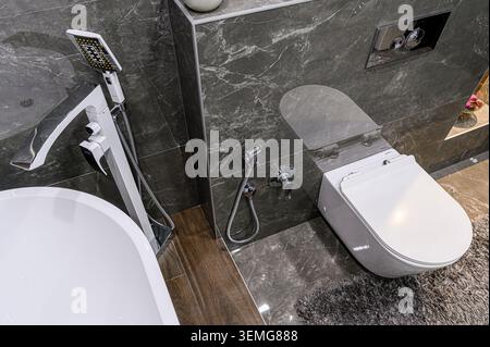 Elegantes Bad mit moderner Toilette, freistehender Badewanne mit Chromarmaturen und Marmorfliesen. Stockfoto