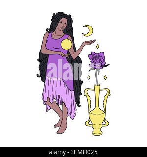 Schöne langhaarige Frau, die Sonne und Halbmondvektor-Illustration hält Stock Vektor