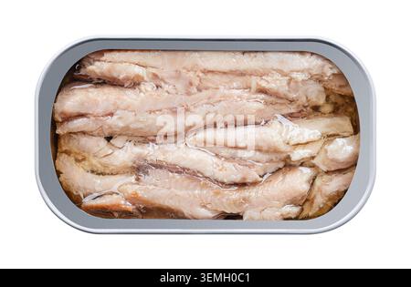 Sardinenfilets, ohne Haut und ohne Knochen, in Sonnenblumenöl, in einer offenen Dose. Wilde Sardinen, auch Pilchards genannt. Stockfoto