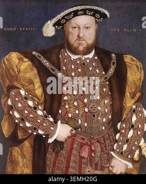 HOLBEIN, Hans der Jüngere (* 1497, Augsburg, d. 1543, London) Portrait von Heinrich VIII. 1540 Öl auf Platte, 88,5 x 74,5 cm Galleria Nazionale d’Arte Antica, Rom dieses Gemälde war eines einer Gruppe englischer Porträts, die Holbein und seine Schule gemacht haben. Obwohl er Deutsch war, war Holbein Hofmaler von König Heinrich VIII. Von England, und der Prototyp für dieses Bild ist sein verlorenes Wandbild, das einst die Privy Chamber of Whitehall Palace in London dekorierte. Das Wandgemälde von 1537 zeigte den König mit seiner dritten Frau Jane Seymour, die einzige von Henrys Königinnen, die ihn als männlichen Erben bezeugte. Der Stockfoto