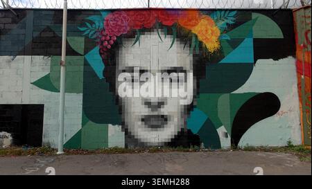 Stockholm, Schweden, 17. Mai 2026. Ein farbenfrohes, pixelfarbenes Portraitgemälde mit einer lebendigen Blumenkrone, die auf eine städtische Betonwand gemalt ist und von geometrischen Elementen eingerahmt ist Stockfoto