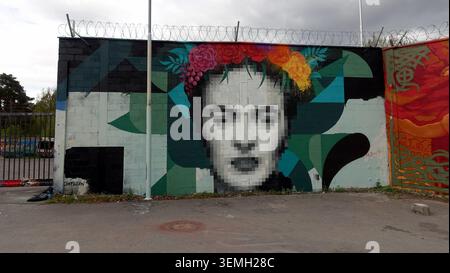 Stockholm, Schweden, 17. Mai 2026. Ein farbenfrohes, pixelfarbenes Portraitgemälde mit einer lebendigen Blumenkrone, die auf eine städtische Betonwand gemalt ist und von geometrischen Elementen eingerahmt ist Stockfoto