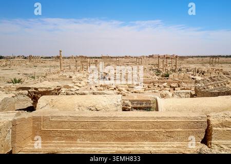 Antike Palmyra-Ruinen mit einer lateinischen Inschrift im Vordergrund, Syrien, 2026. Stockfoto