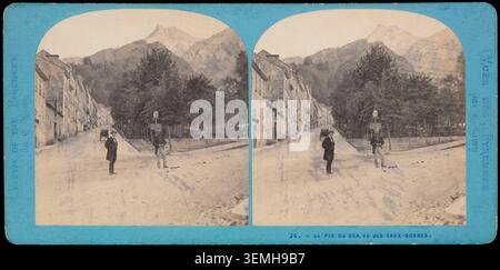 Le Pic du Ger in the Ossau Valley, Pyrénées-Atlantiques, is recorded in a 19th century stereoscopic photograph by Ernest Lamy, showing the mountain peak and surrounding landscape within the Pyrenees. Stockfoto