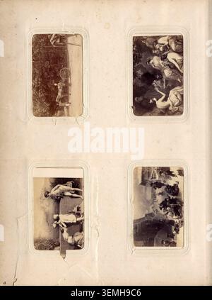 Platte 48 enthält vier Fotografien, drei reproduzierende Gemälde mit einer Dorfszene und allegorischen Motiven. Die Standbilder sind Teil eines Fotoalbums aus dem 19. Jahrhundert und zeichnen ländliche und symbolische Bilder auf. Stockfoto