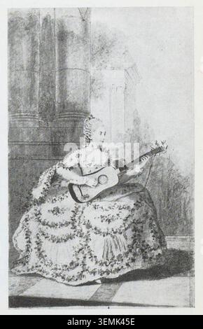 Eine junge Frau spielt Gitarre vor einer Kolonnade in einer Komposition, die Pierre Pasquier zugeschrieben wurde und 1945 reproduziert wurde, und kombiniert ein musikalisches Thema mit einer architektonischen Umgebung, die mit Frankreich assoziiert ist. Stockfoto