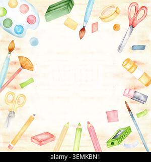 Aquarellkunst bietet Rahmen mit Bleistiften Pinseln Schere Klebeband und Palette für Schreibwaren Hintergrund und Einladung Design. Bildung. C Stockfoto