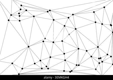 Dynamisches geometrisches Muster aus schwarzen Punkten und Verbindungslinien auf weiß, das ein komplexes polygonales Netz darstellt, das sich für Hintergründe, Technologie, Stock Vektor
