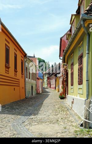 Enge Straße mit farbenfrohen Häusern der Altstadt von Sighisoara in Rumänien Stockfoto