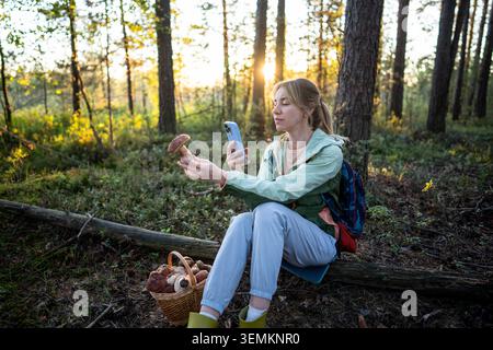 Wanderer, die sich ausruhen, auf einem Baumstamm im Wald sitzen und Fotos von großen Boletus in der Hand mit dem Smartphone machen. Stockfoto