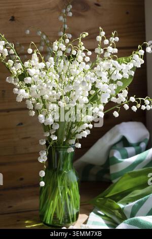 Blumenstrauß aus weißen Blumen Maiglöckchen des Tales in einem Glas (Convallaria majalis, Maiglöckchen des Tales) auf einem weißen Tisch mit Platz für Text Stockfoto