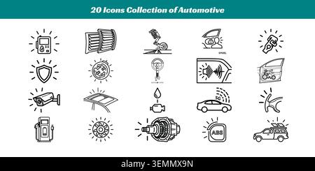 Eine Sammlung von 20 klaren und stilisierten Symbolen, die verschiedene Automobil-Werkzeuge darstellen Stock Vektor