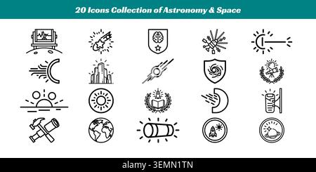 Ein vielfältiges Set aus 20 klaren, minimalistischen Vektorsymbolen, die Astronomie- und Weltraumthemen darstellen, perfekt für Bildungs-, Wissenschafts- oder dekorative Projekte Stock Vektor