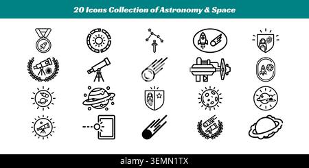Ein vielfältiges Set von 20 eleganten flachen Symbolen für Astronomie, Weltraumforschung und Himmelsobjekte für Bildungs- und kreative Zwecke. Stock Vektor