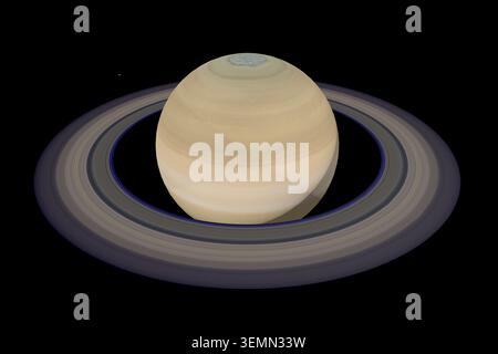 Realistischer Saturnplanet mit detaillierten Planetenringen isoliert auf schwarzem Hintergrund mit hochwertiger 3D-Illustration der Weltraumastronomie Stockfoto