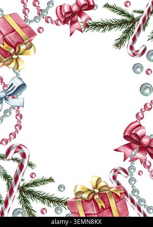 Weihnachtsrahmen. Handgezeichnete Aquarellillustration. Postkarte mit Elementen der Weihnachtsdekoration. Für Grüße und Einladungen, Poster Stockfoto