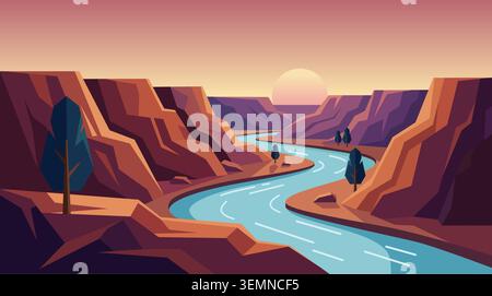 Atemberaubende Vektor-Illustration eines sich windenden blauen Flusses, der während eines wunderschönen Sonnenuntergangs oder Sonnenaufgangs durch steile Schluchtwände fließt. Stock Vektor