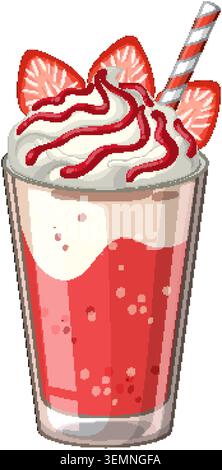 Vektor-Illustration eines Erdbeermilkshake mit Schlagsahne, Sirup und frischen Erdbeeren Stock Vektor