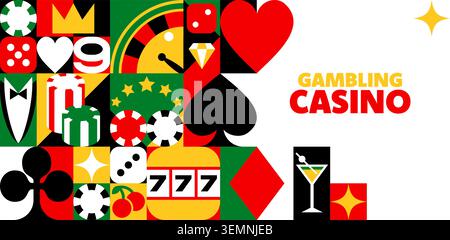 Casino Roulette und Glücksspiel-Banner mit Mosaikmuster Hintergrund. Geometrisches Muster aus Poker-Karten und Glücksspielchips mit Würfeln und Glücksrad mit Jackpot-777-Spin Stock Vektor