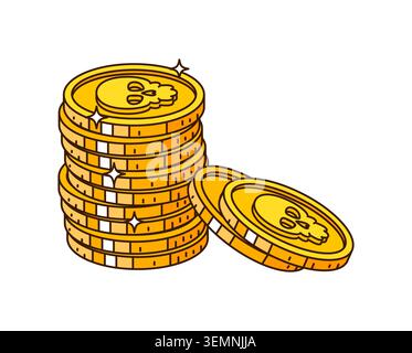 Das Symbol der Piratenmünzen in Zeichentrickfilmen zeigt einen hohen Stapel glänzender goldener Münzen mit Totenkopfgravuren und funkelnden Glanzakzenten. Funky Money Icon für Piratenspiele, Apps zur Schatzsuche oder Kinderparty Stock Vektor