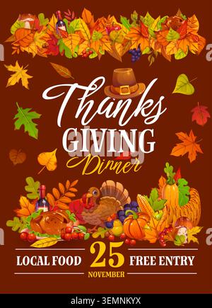 Flyer für eine Happy Thanksgiving Dinner Party. Thanksgiving-Feiertags-Vektor-Banner, Oktober-Ernteparty-Flyer. Herbstsaison-Poster mit pute, Gemüse in Fruchtgummi, Pilgermütze und Laubblättern Stock Vektor