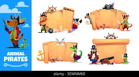 Cartoon-Tierpiraten und Korsaren Banner mit Charakteren der Schiffsbesatzung und alten Pergamentrollen. Süßer Hund, Löwen und Krokodiltiere Piratenkapitäne, lustige Papageien, Katze, Panda und Krabbenkorsare Seeleute Stock Vektor