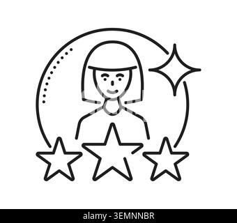 Symbol für Kundenbewertungen mit lächelnder weiblicher Figur, umgeben von drei Sternen und funkelndem Symbol im runden Rahmen. Minimalistisches Line-Art-Symbol für Treueprogramme und Feedback-Systeme Stock Vektor