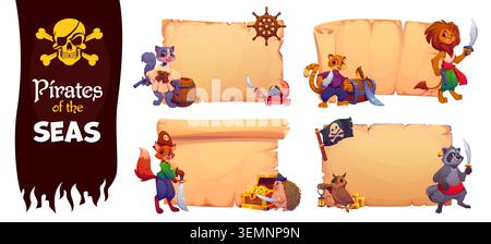 Zeichentricktiere Piratenfiguren mit alter Pergamentpapierrolle. Niedliche Piratenbesatzung mit Löwen-, Katzen- und Tigerseglern, Krabben-, Fuchs- und Igelkapitän, Eulen- und Waschbärtieren mit Korsair-Flagge Stock Vektor