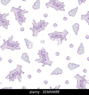Ein nahtloses Aquarellmuster mit pastellfarbenen violetten Korallen und Muscheln, die in verstreuten Formen angeordnet sind, sorgt für ein ruhiges aquatisches Thema. Stockfoto