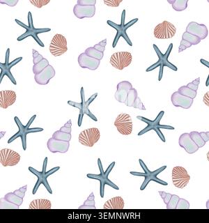 Ein nahtloses Muster mit blauen Seestern, lila Spiralschalen und strukturierten braunen Muscheln, die in Aquarell bemalt sind. Stockfoto