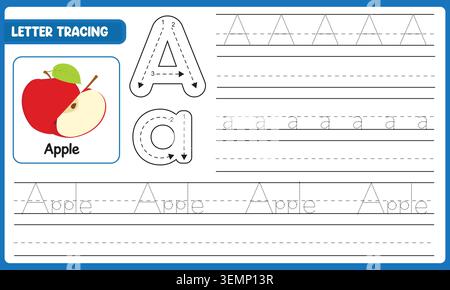 Schreiben Sie Ein Alphabet Tracing Handschrift Übungsblatt mit niedlichem Apple Vektor und Strichreihenfolge Stock Vektor