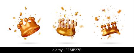 3D-Set goldene Kronen mit fallendem Konfetti. Stock Vektor